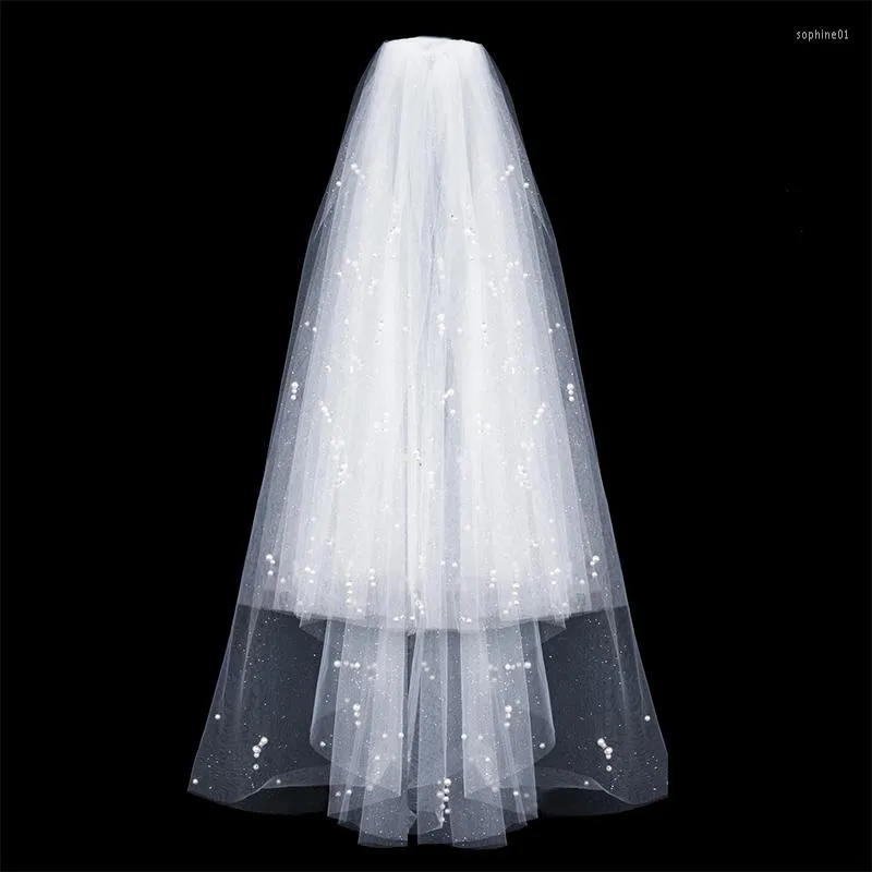 Voiles de mariée Voile perlé court avec peigne paillettes bord brillant tulle deux couches 60 cm longueur accessoires de mariage 2023