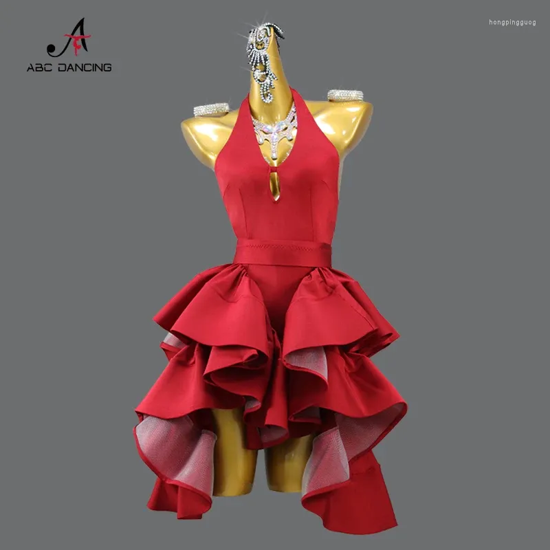 Scene Wear Professional Red Latin Dance Dress Sexy Ladies Ballroom Party Show Costume Practice Line Women Sportkirt Kvinnliga kläder