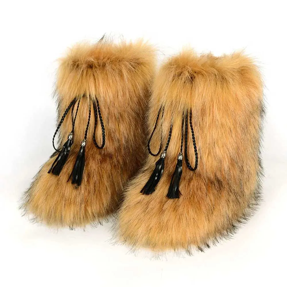 Femmes bottes floues hiver chaussures en fourrure moelleux fausse fourrure de raton laveur bottes de neige femme en plein air chaussures plates mode gland bottines
