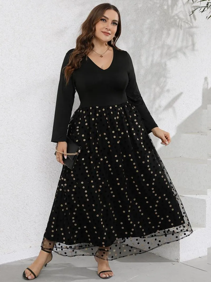 Plus Size Kleider Partykleid 2023 Frühling V-Ausschnitt Langarm Pailletten Punkt Patchwork Eleganter formeller Hochzeitsgast für Frauen