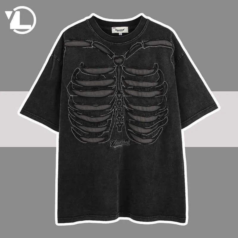 T-shirt da uomo Skeleton Strappato Punk T-shirt Uomo Harajuku Streetwear T-shirt Hip Hop 2023 Estate Cotone sciolto Y2K T-shirt in cotone Top Bla G230427