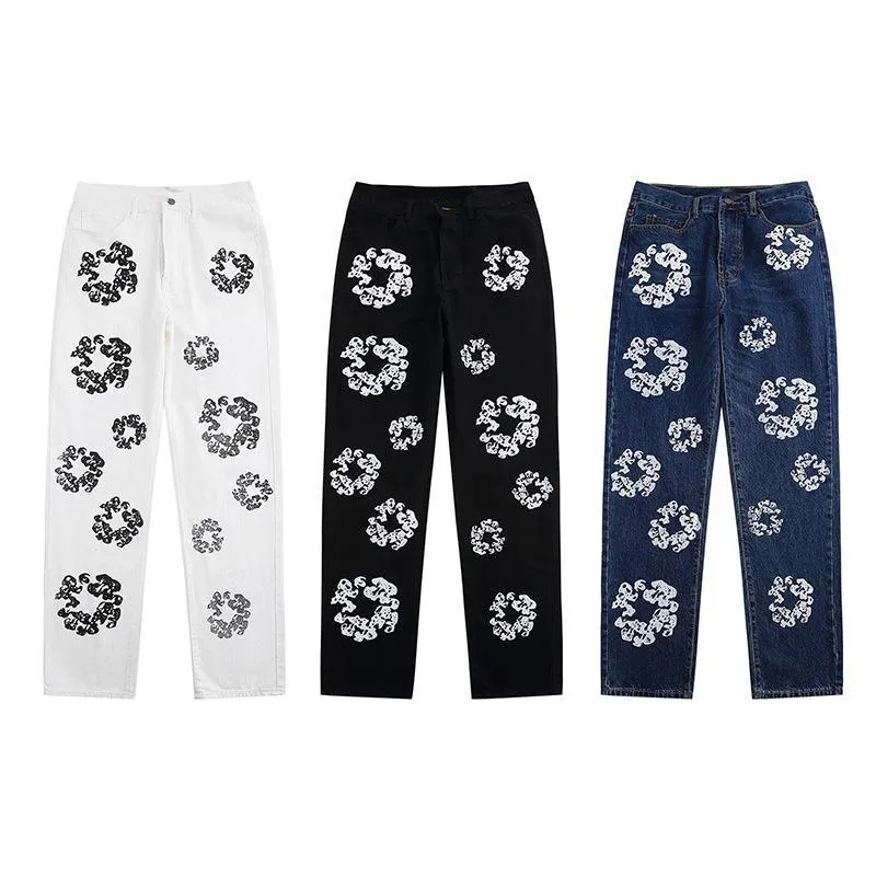 Jeans pour hommes Designer High Street Denim Floral Couronne de la jambe droite lavée Black Pantalon Loose Pantal