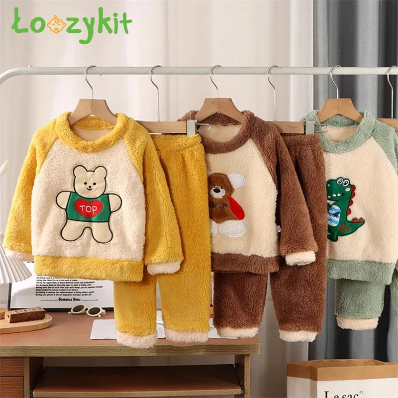 Pyjamas bébé vêtements garçons filles ensemble automne hiver épaissir flanelle enfant en bas âge enfant chaud dessin animé vêtements de nuit 2 pièces enfants costume à la maison 231127