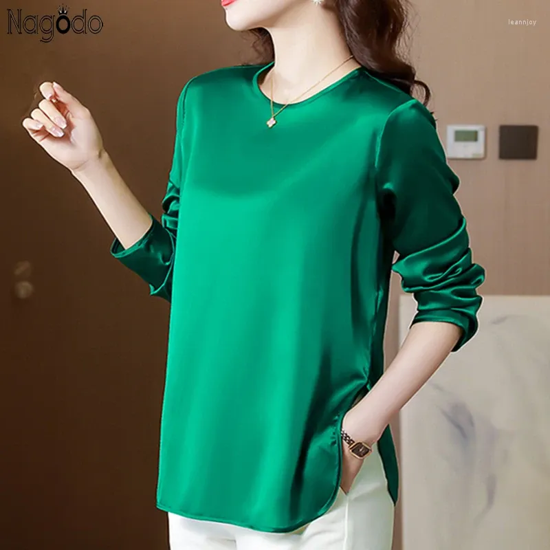 Kvinnors blusar Varumärkeskvalitet Silk Satin Blus Women 2023 Spring Summer Solid Color Long Sleeve Tops Elegant Lady Shirt Blusa Mujer