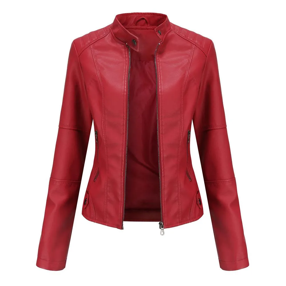 Jackets Leather Jacket Women 2021 Autumn Spring Women's Moto Biker Zipper Jacket Red Black Apricot Coffee Coat Ladies Outerwear Brown