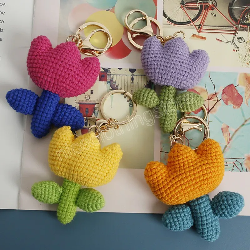 Cute Knitted Tulip Flowers Keychains Women Girls Lovely Crocheted Yarn Flower Pendant Key Rings Bag Hanging Ornaments