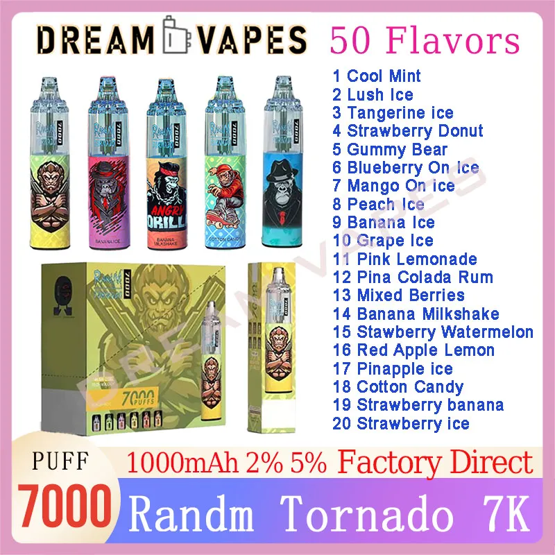 Original RandM Tornado 7000 Puff Disposable Vape Pen Electronic Cigarettes 14ml Pod Mesh Coil 6 Glowing Colors Rechargeable Device 50 flavors Kit