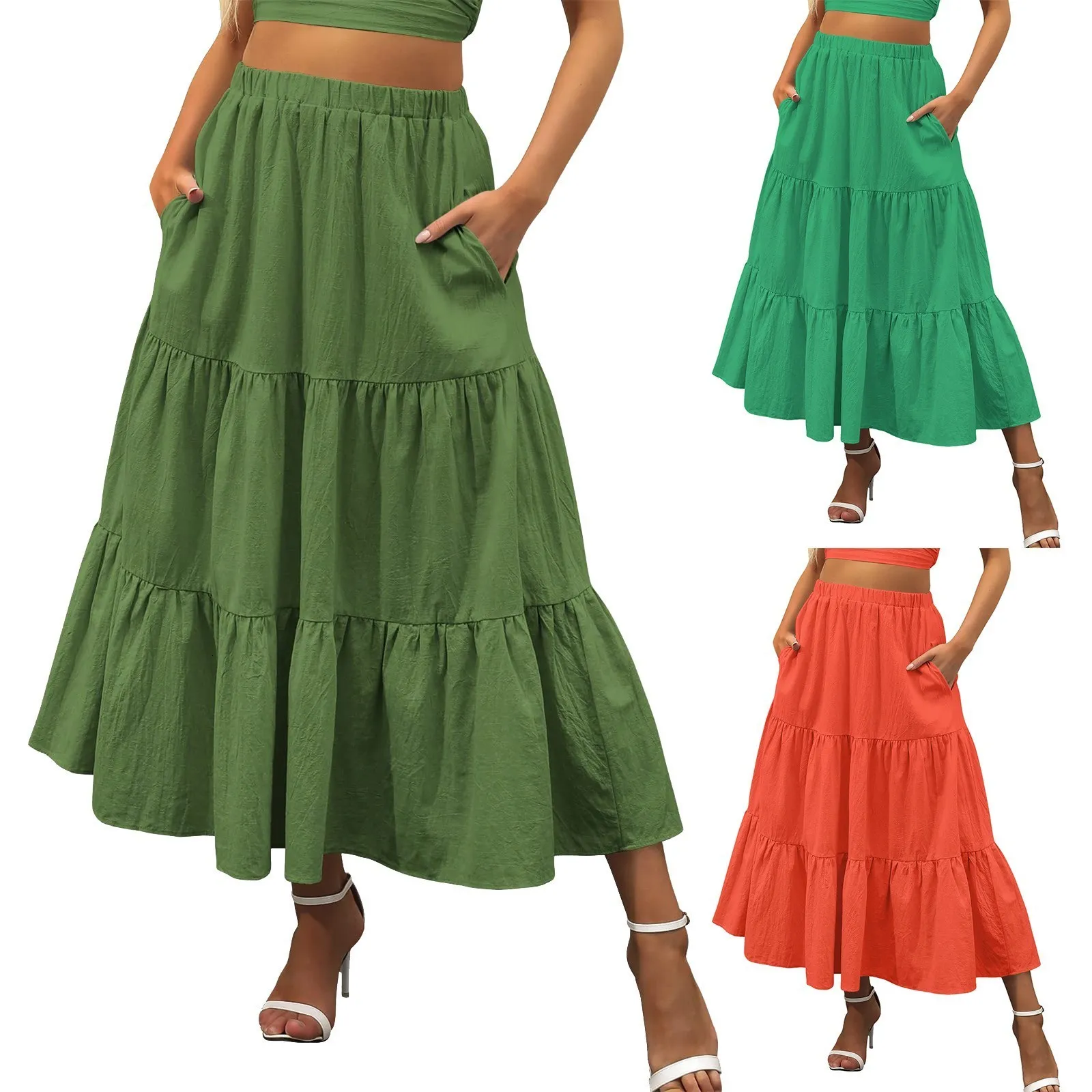 Röcke Sommer Boho Elastische Taille Faltenröcke Für Frauen Plus Größe Eine Linie Flowy Swing Tiered Long Rock Kleid mit Taschen Y2k Kleidung 230427