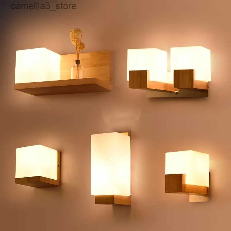 Lampes murales Moderne Led lampes murales en bois nordique verre dépoli bois lumières applique couloir Aisel hôtel chambre minimaliste en bois massif couloir Q231127