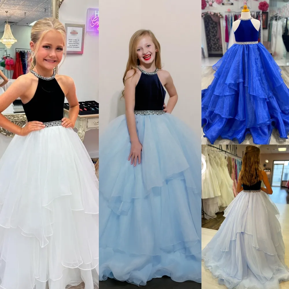Glitzy Halter Blue Ballgown Wedding Dress for Little Girls - Perfect for Pageants, Parties, and Formal Events, image size:1000x1000