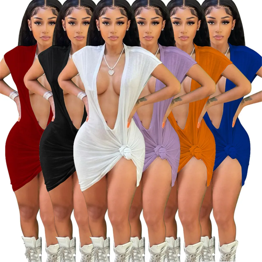 Novo Designer Sexy Vestidos de Verão Mulheres Manga Curta Profundo Pescoço Bodycon Vestido Sólido Skinny Mini Night Club Wear Bulk Atacado Roupas 9794