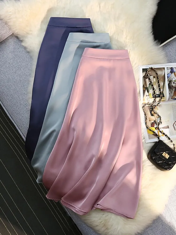 スカートSyiwidii Midi Satin Skirts Womens2022 Summer Elastic Band a Line Luxury High Quality Fashion Solid Simple Silk Skirt