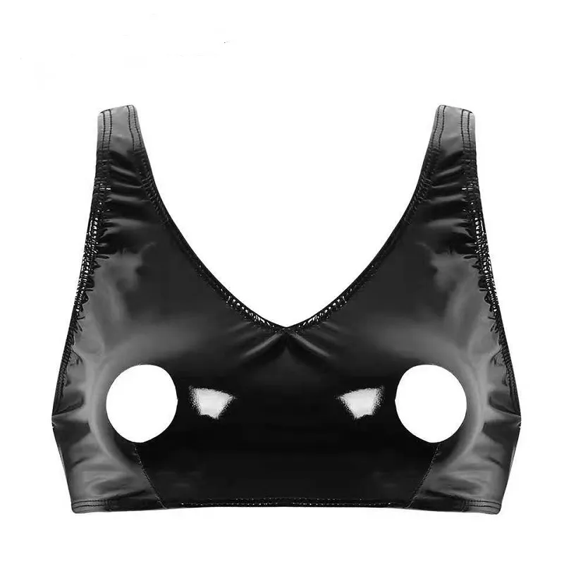 Reggiseno sexy da donna in vernice PVC brillante con lingerie sexy per reggiseni con foro sul petto aperto