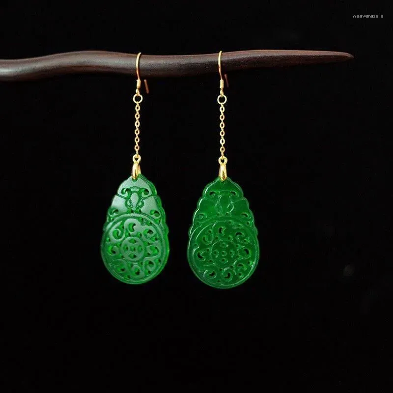 Dangle Earrings 925 Silver Natural Green Jade Hollow Out DIY Charm Jewellery Fashion Accessories Hand-Carved Woman Luck Amulet Gifts