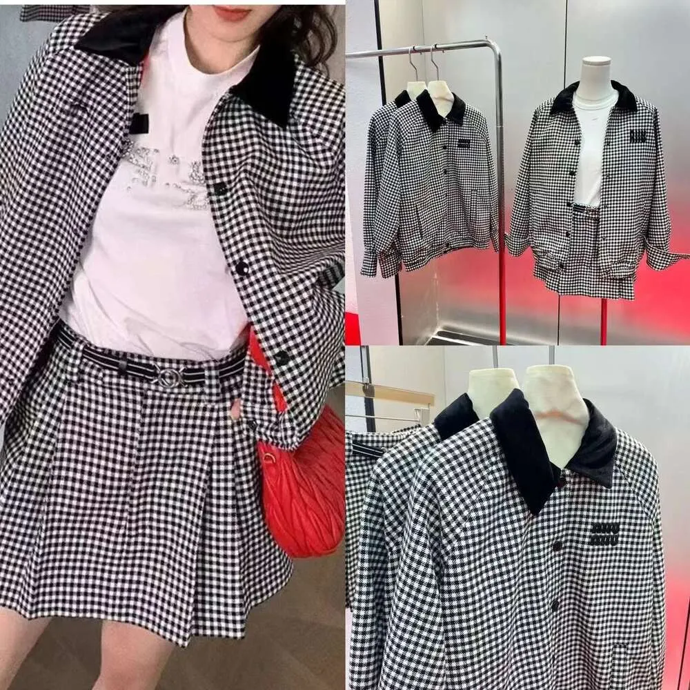 Miao Academy style thousand bird plaid wool velvet collar jacket for women's coat loose top+A-line pleated half skirt set