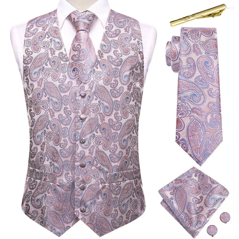 رجال سترات Hi-tie Paisley Silk Mens Coral Pink Blue Black Green Purple Red Clips Necktie Hanky ​​Cufflinks أعمال الزفاف