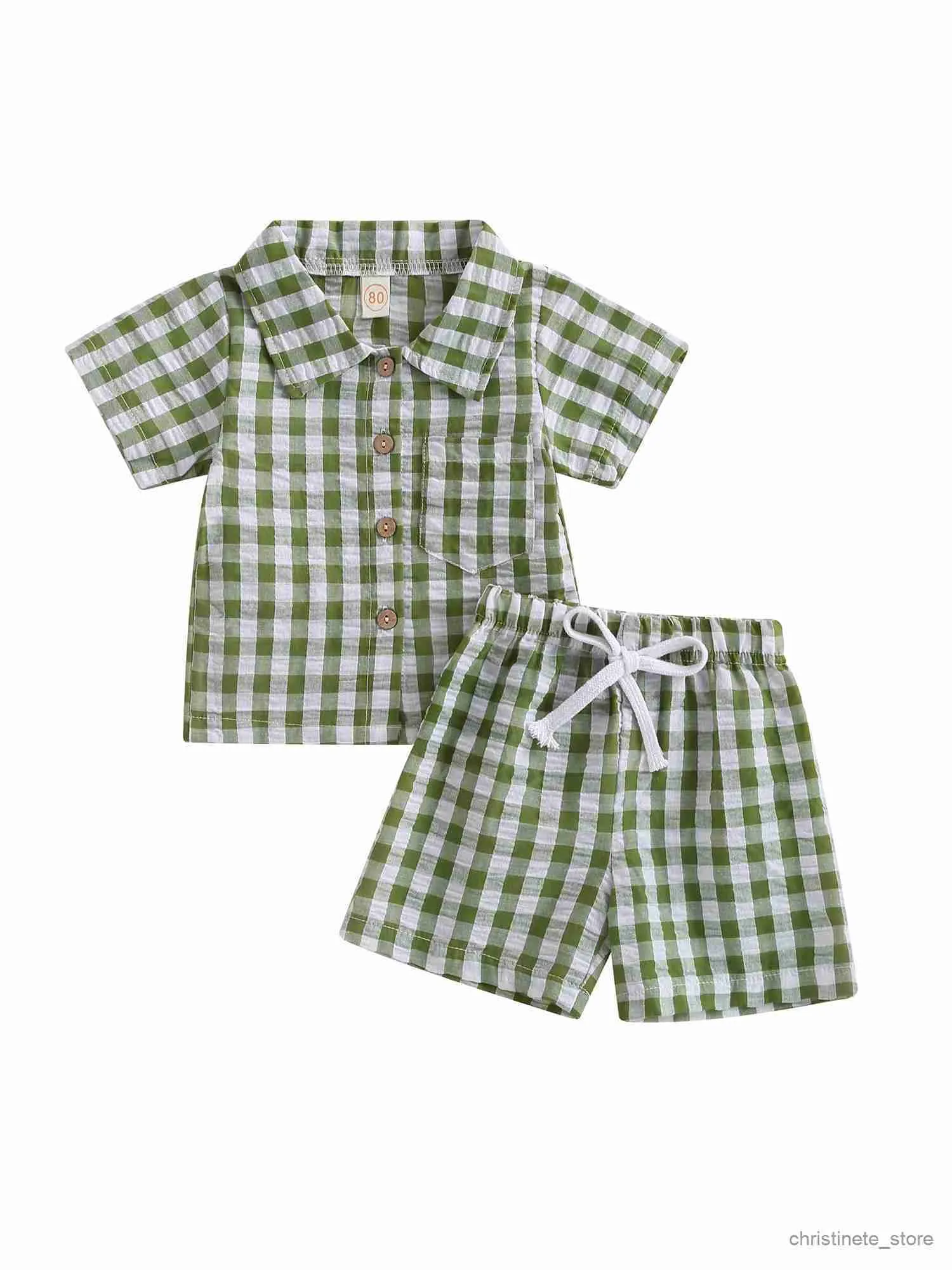 Conjuntos de roupas para meninos, camisa xadrez casual e shorts com gola virada para baixo e cintura elástica, roupa de verão elegante para pequenos R231127