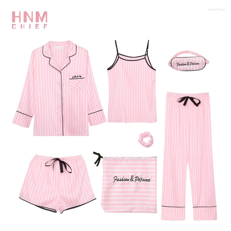 Ropa de dormir para mujer HNM Conjunto de pijamas con estampado de rayas rosas Ropa de casa de satén de seda Conjuntos de 7 piezas Pijama para mujer Primavera Verano Otoño