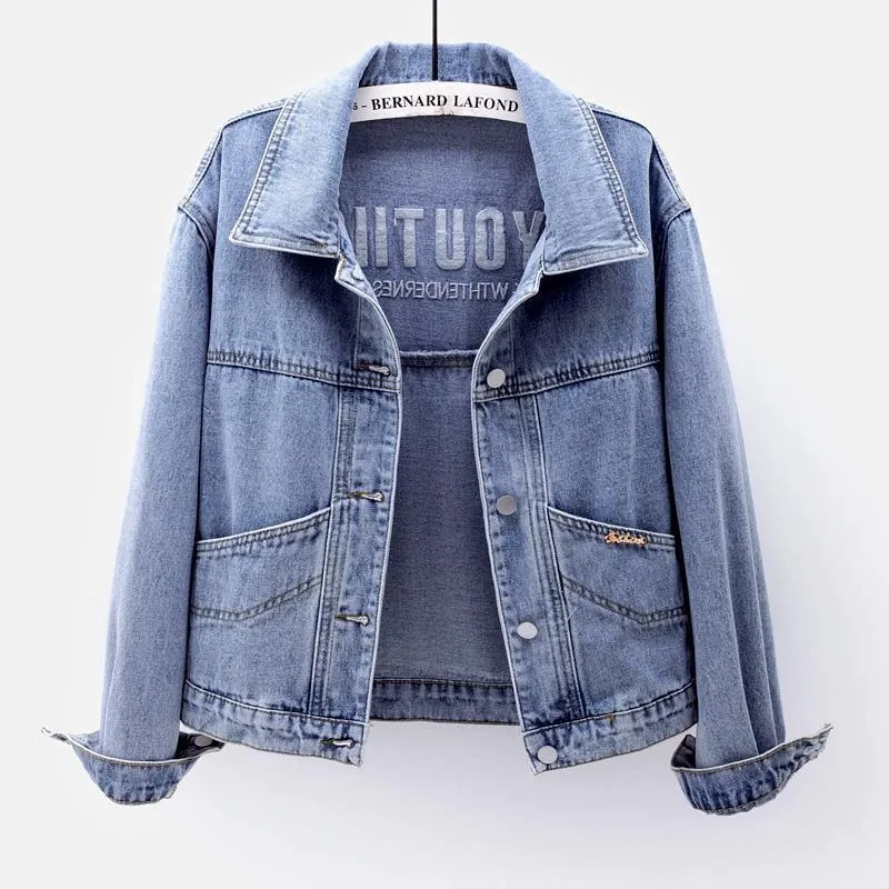 Kvinnors jackor biyaby höst denim kort jacka för kvinnor koreansk stil all-match broderad jacka avslappnad lös fast färgrock kvinnlig 230427