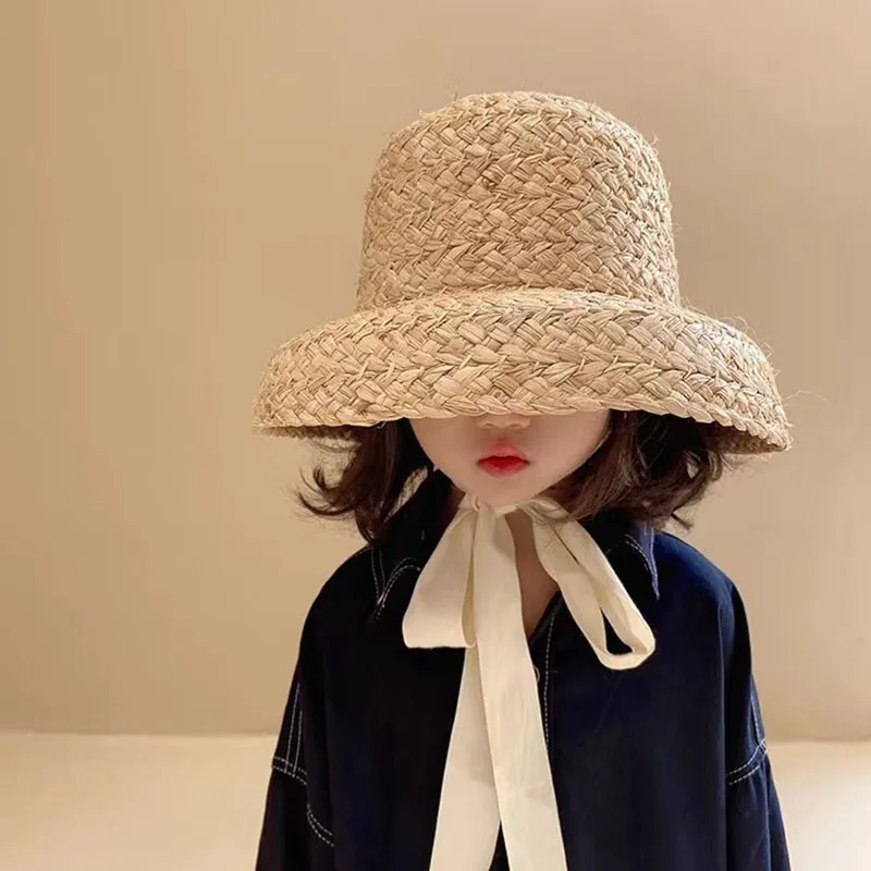 Caps Hats Summer Ins Children Raffia Knitting Lace Straw Cap Girl Kid Solid Big Eaves Sunscreen Hat Baby Casual Hats Spädbarn Tillbehör 230427