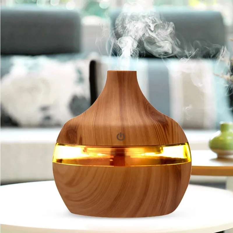 Umidificatori Umidificatore elettrico da 300 ml Diffusore di oli aromatici essenziali Umidificatore ad ultrasuoni per venature del legno USB Mini Mist Maker LED Light 230427