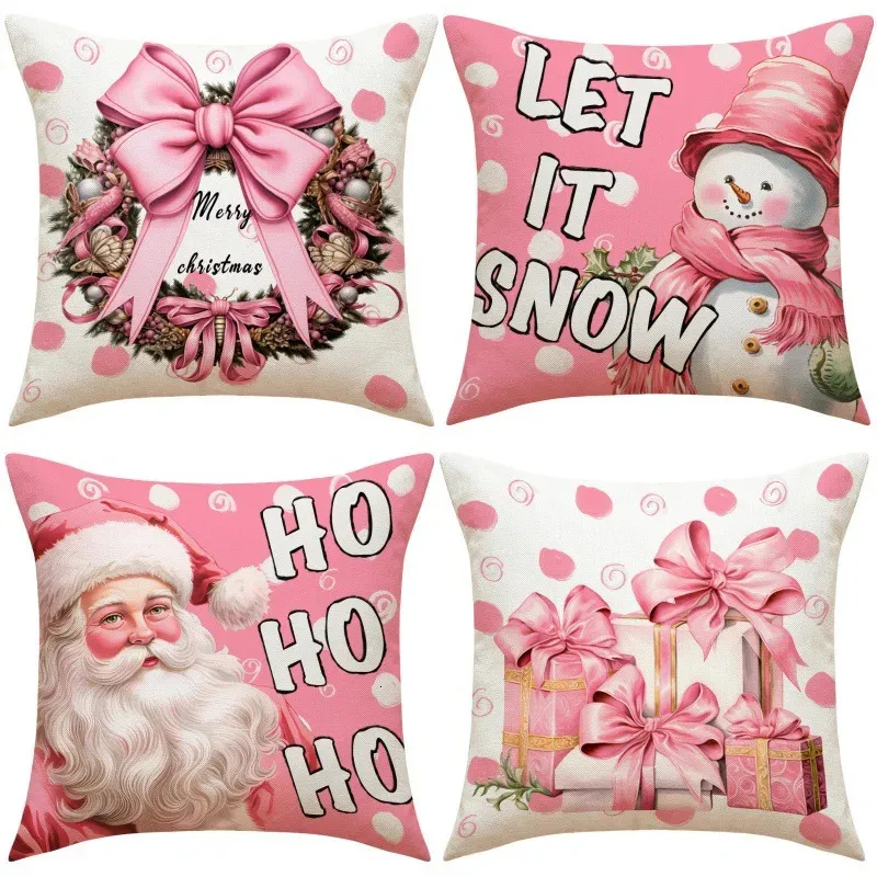 Blanket Christmas Pillow Covers Santa Claus Snowman Pink Throw Cover Square Home Decorations Pillowcase 231124