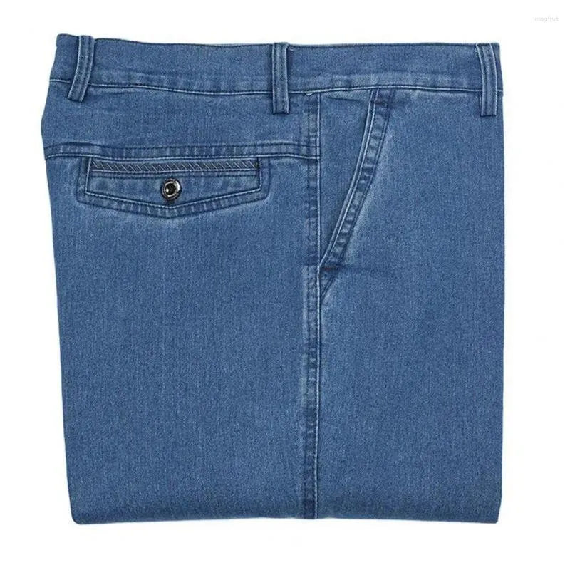 Jeans voor heren, knoopsluiting, kleurvast denim, hoge taille, wijde pijpen, formele zakelijke stijlbroek met elastische pasvorm