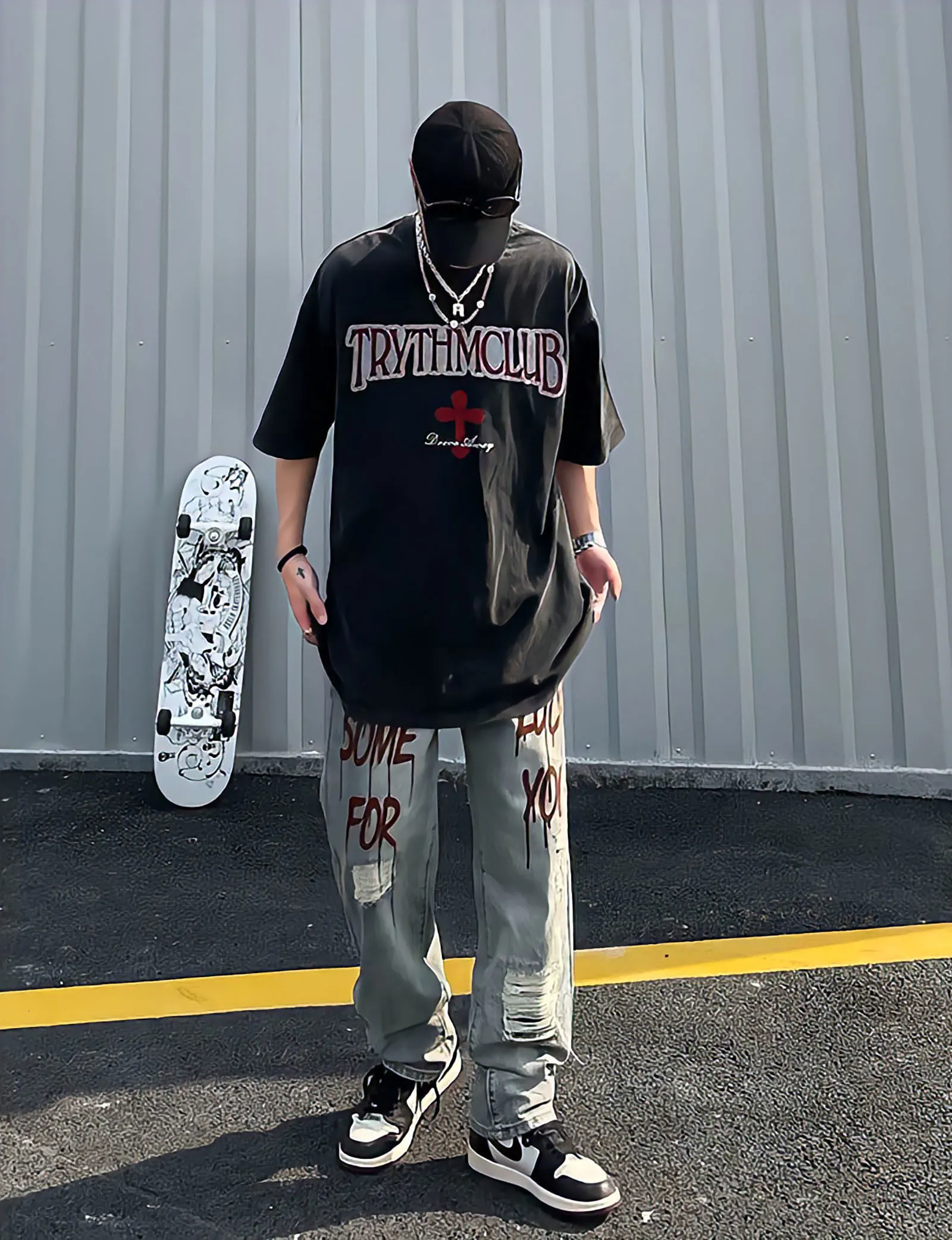 Blue Punk Baggy Jeans For Men Straight Leg Oversized Pants Blue Punk Baggy Jeans For Men Straight Leg Oversized Pants