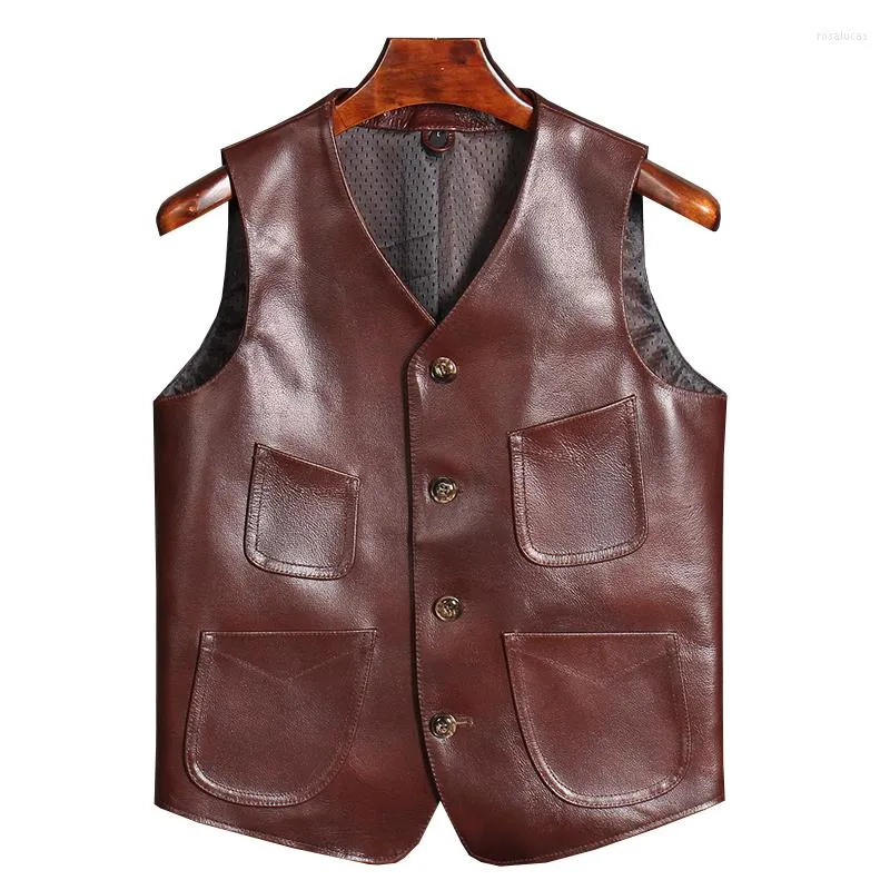 Herenvesten heren echt lederen vest vintage koehide mouwloze jassen donkerbruine casual motorrijder waastcoat slank fit hoge kwaliteit