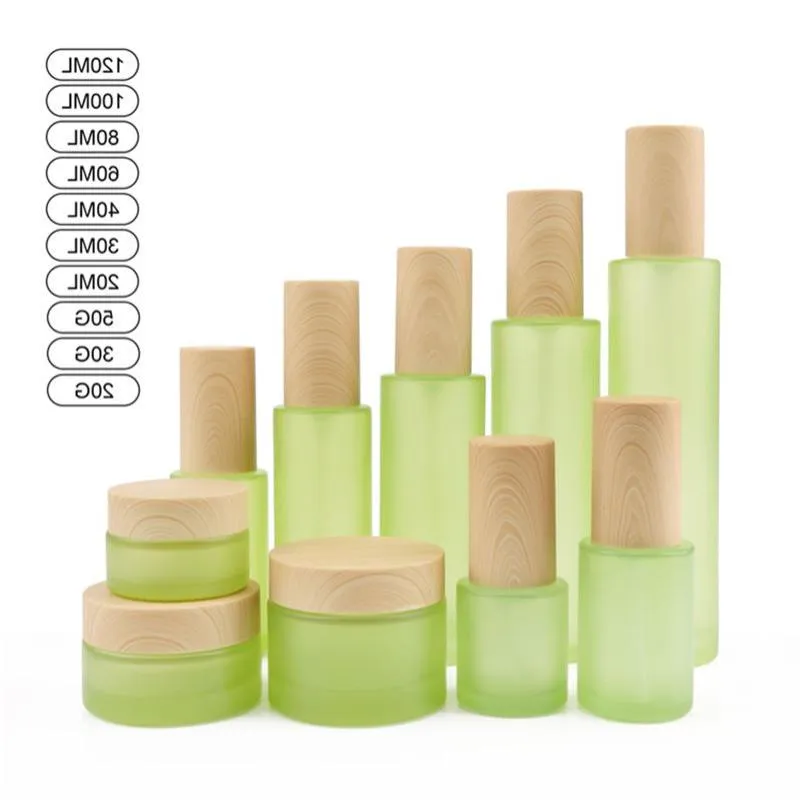 20 ml 30 ml 40 ml 60 ml 80 ml 100 ml 120 ml Pot de crème en verre dépoli vert Bouteilles cosmétiques Bouteille de pompe de lotion de pulvérisation de brume avec PCSU en bois imité