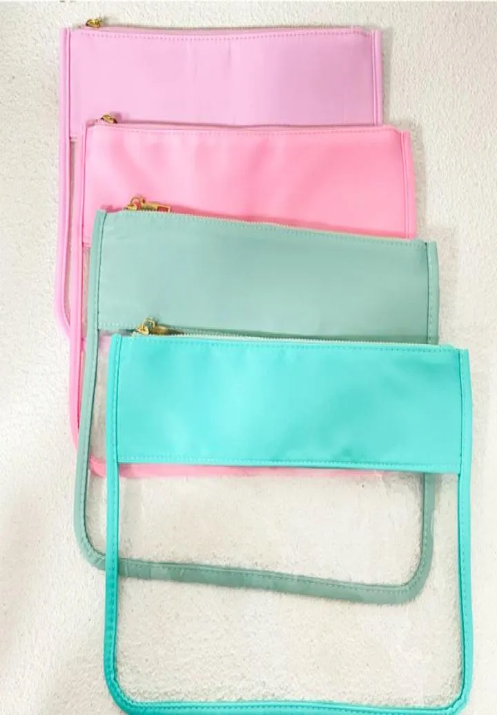 Dostosowane przezroczyste płaskie nylonowe torby torebki PVC Wodoodporna torba kosmetyczna z zamkiem lawendowym litery haftowe torebka dla kobiet GI7624088