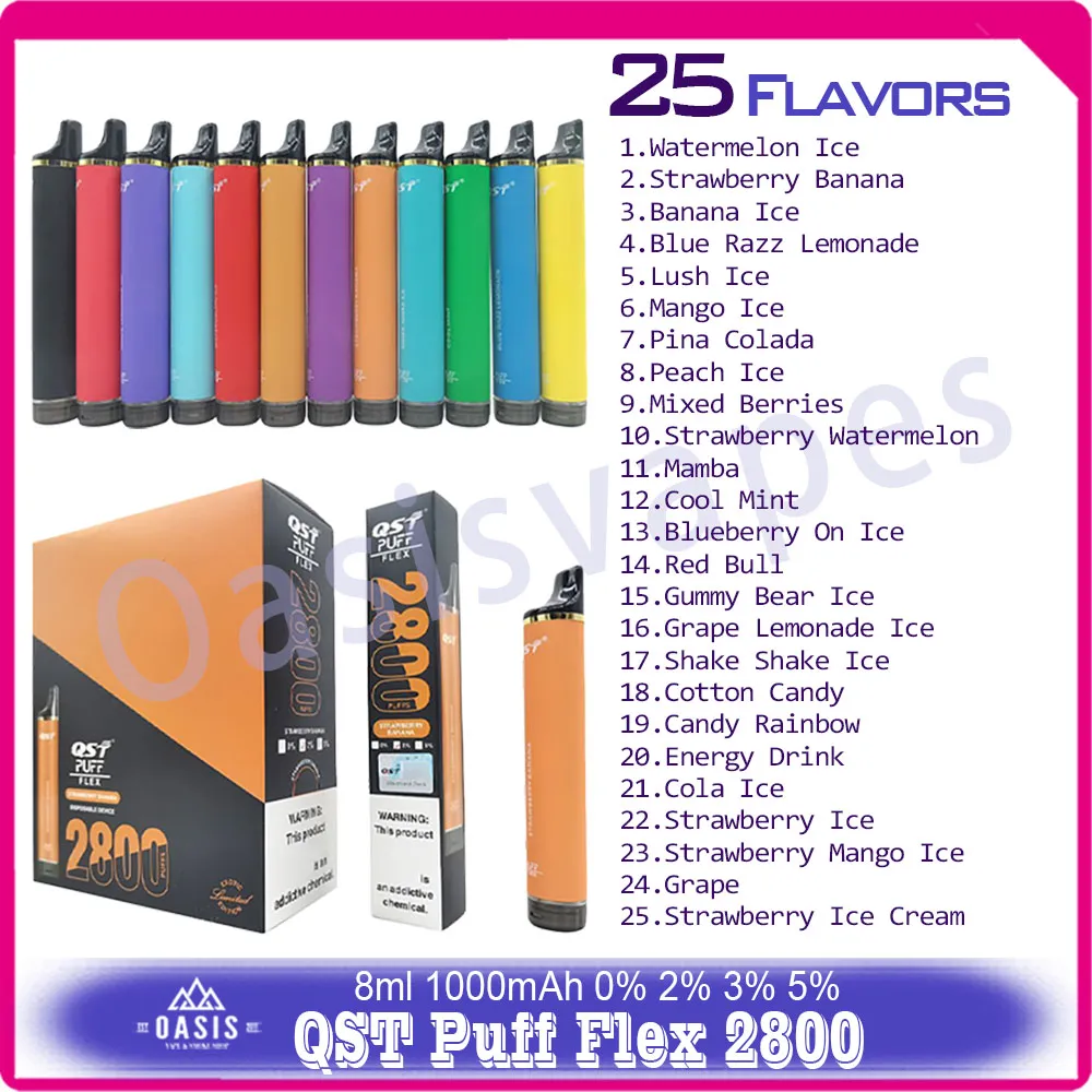 100% Original QST Puff Flex 2800 cigarette électronique jetable 1000mAh batterie 0% 2% 3% 5% niveau 8ml Pod VS Bang XXL 25 saveurs