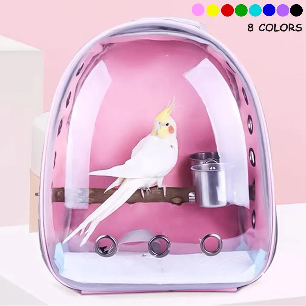 Bon Portable Bird Cage Parrot Carrier with Prech and Feeder Acrylic Transparent 360 ° Sightseeing Pet Ryggsäckväska för parakitresor