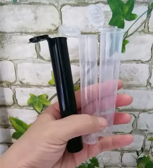 Tube d'emballage pré-roulé en gros, bouteille en plastique transparent noir blanc, joint doob émoussé, le récipient à pilules pré-roulé a un diamètre interne de 0,688 pouce et une longueur de 4,6 pouces