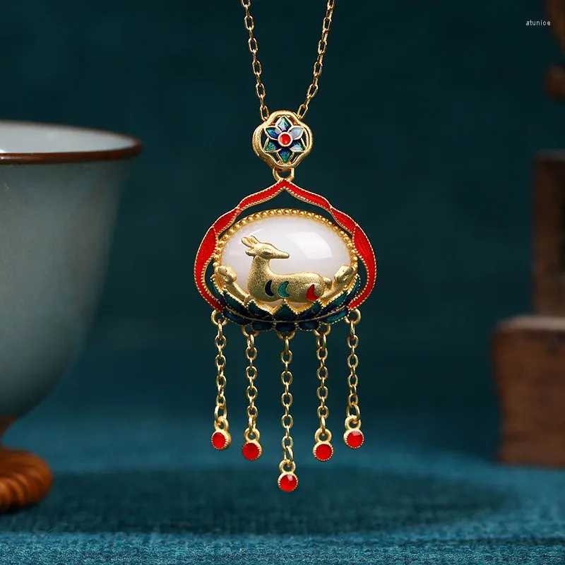 Kolye Kolyeleri Elyuan Kavrama Eski Altın Kaplamalı Taklit Hetian Jade Shenlu Ulusal Moda Kolye Kadın Mücevherleri