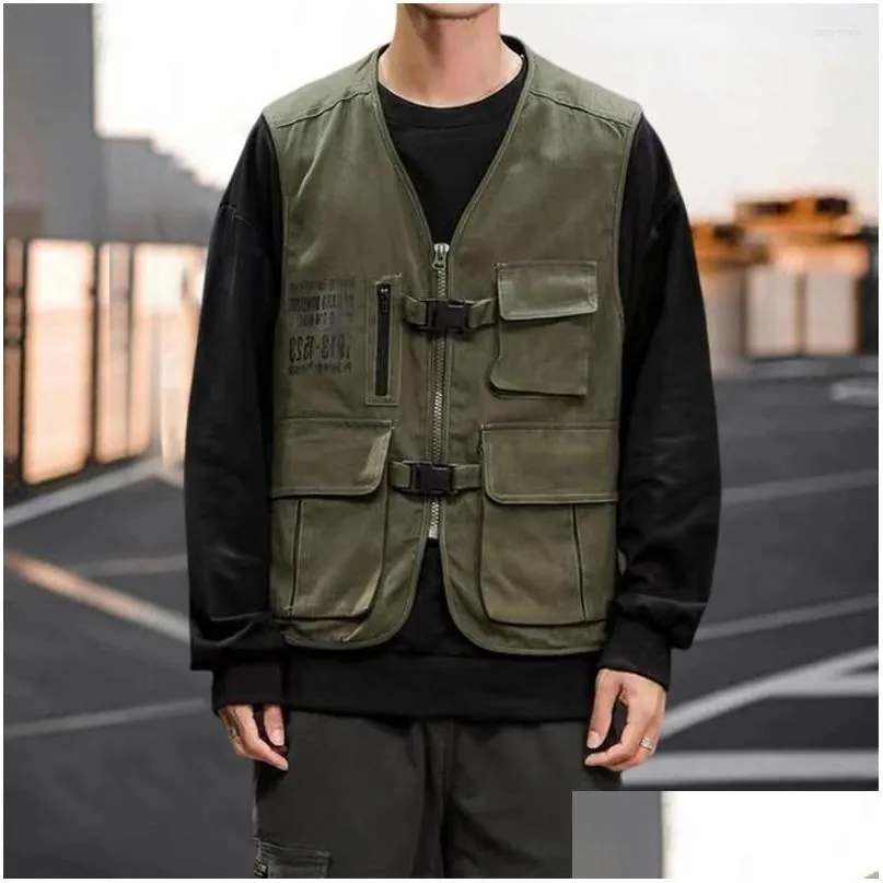 Men'S Vests Mens Men Sleeveless Cargo Vest Jacket V-Neck Solid Color Mti Pockets Zipper Placket Buckle Closure Coat Hiking Clothing Otcgq