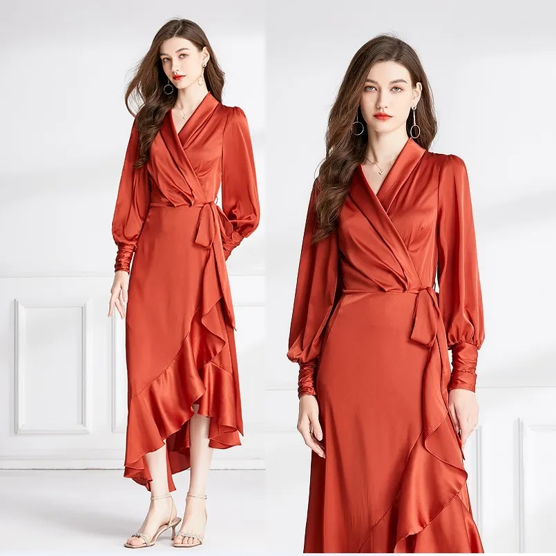 Vintage elegante satijnen wikkel maxi-jurk gewaad dames ontwerper lange mouwen v-hals strik kant omhoog slim fit ruches oranje wo feestjurk 2023 lente herfst zoete vakantie jurken