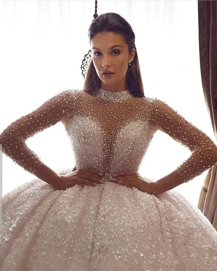 Sparkle Beading Crystals Bridal Gowns Long Sleeves Glitter Wedding Dresses Tulle Illusion Back Elegant A Line Vestidos De Novia 2024