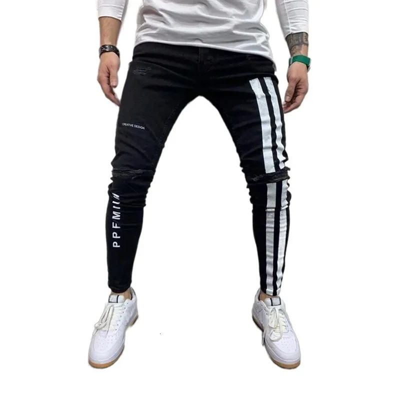 Mäns jeans män mager cyklist förstörde frayed fit denim rippade sidor strips blyertsbyxor hiphop streetwear s3xl 230426