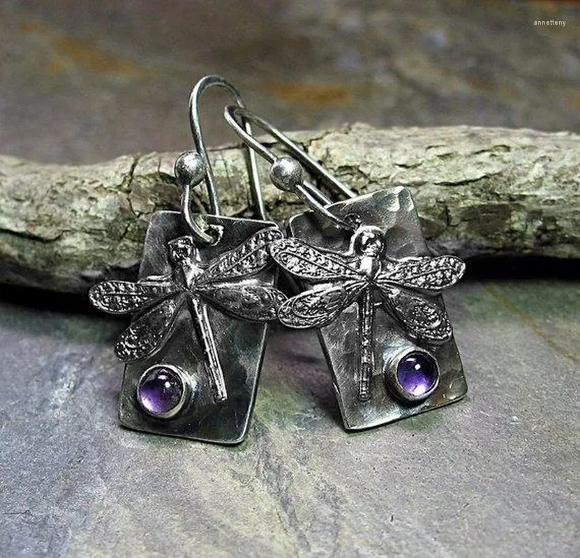 Kolczyki Dangle Exquite Retro Srebrny kolor Dragonfly Drop Kobiet Purple Stone Modna Moda rocznica imprezowy prezent biżuterii