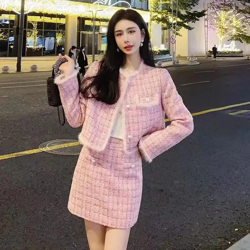 Tweedelige jurk van hoge kwaliteit dames korte jas jas rok sets Koreaanse mode zoete pakken top kerstkleding
