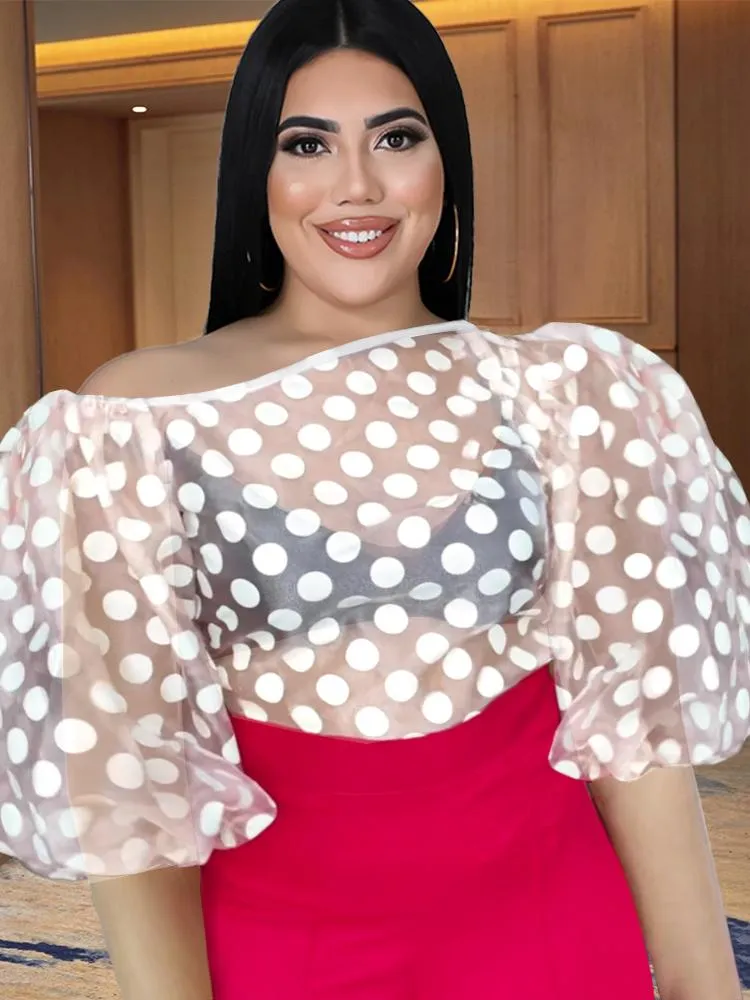 Toppar plus size tops 4xl vit svart puffhylsa polka dot sexig se genom tröjor för damer kväll cocktail club party blus 2022