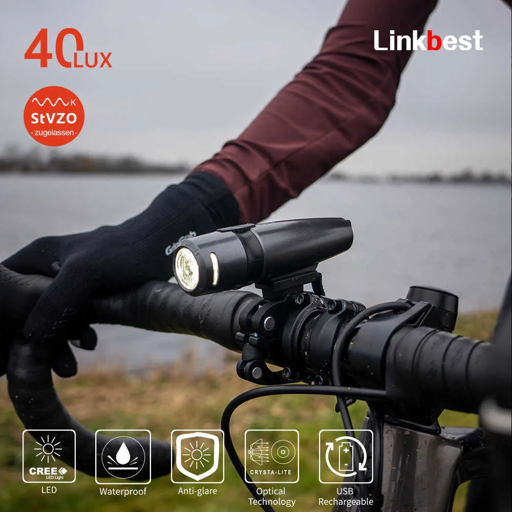 Cykelbelysning LinkBest 40 Lux Cykelfront Light USB Rechargable Bicycle Light -strålkastare Stvzo Godkänd bakljus Tändare för cykling som kör P230427