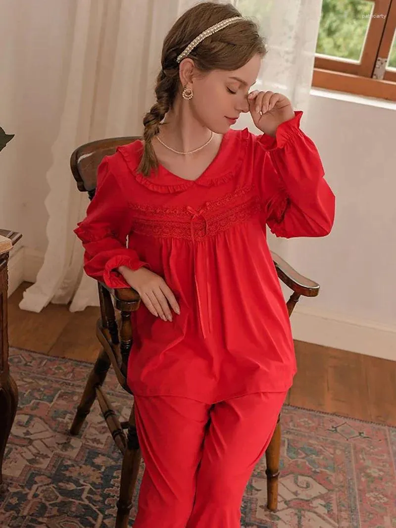 Frauen Nachtwäsche Frauen Französische Baumwoll -Pyjama zweiteilige Set Spitze Rüschen Fairy Vintage Prinzessin süße Mädchen viktorianische Nachtwäsche