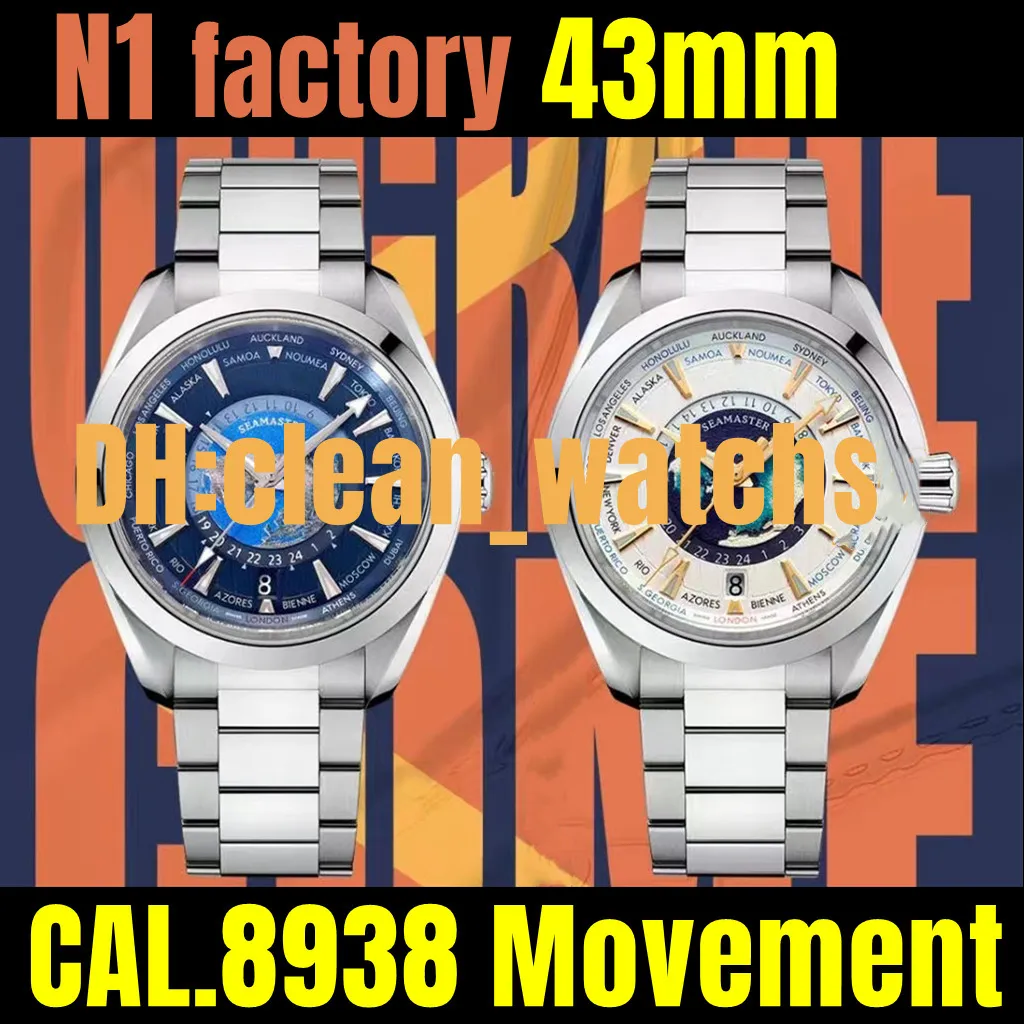 N1 Factory 43 mm Mapy zegarek Menswatches 8938 Automatyczny ruch mechaniczny 904L drobny materiał stalowy V2 TOP