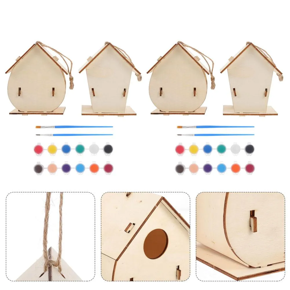 Ninhos casa de pássaro kit de madeira diy pintura crianças pendurado madeira inacabado kits de ninho pintura artesanato casas conjunto artes brinquedos birdhouses