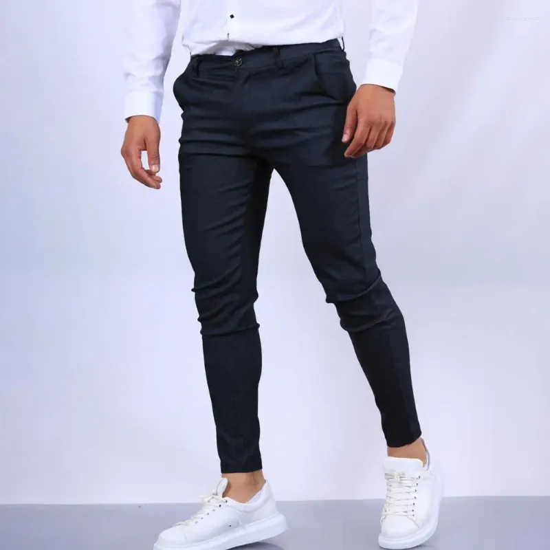 Calças masculinas zip botão elegante fino ajuste lápis respirável estilo de negócios calças com tecido macio bolsos convenientes trabalho