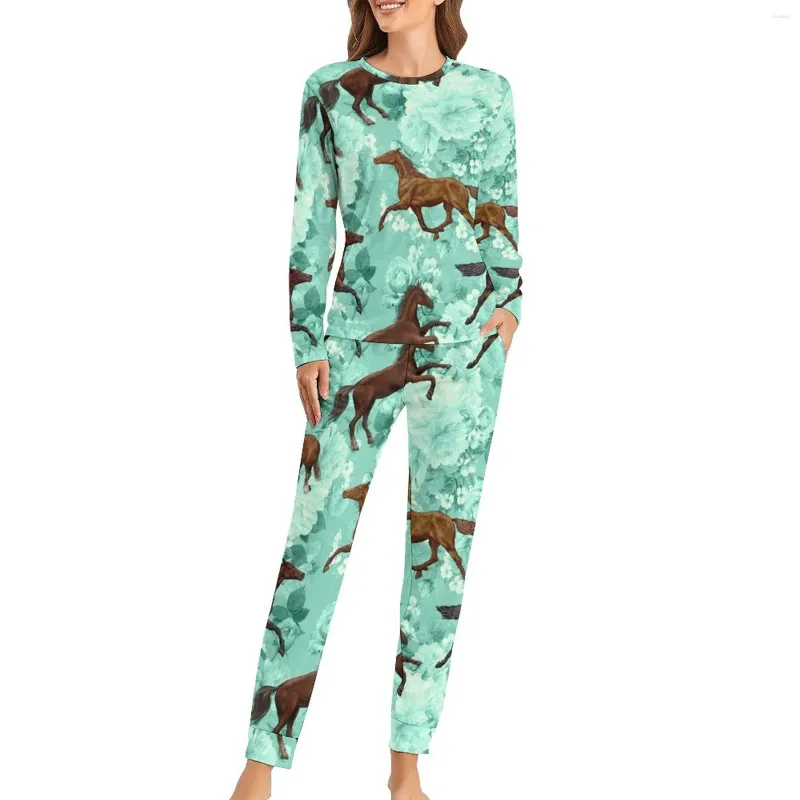 Damen-Nachtwäsche, cooles Laufpferd-Pyjama, weiblicher Blumendruck, Kawaii-Frühling, 2-teilig, ästhetische Oversize-Pyjama-Sets