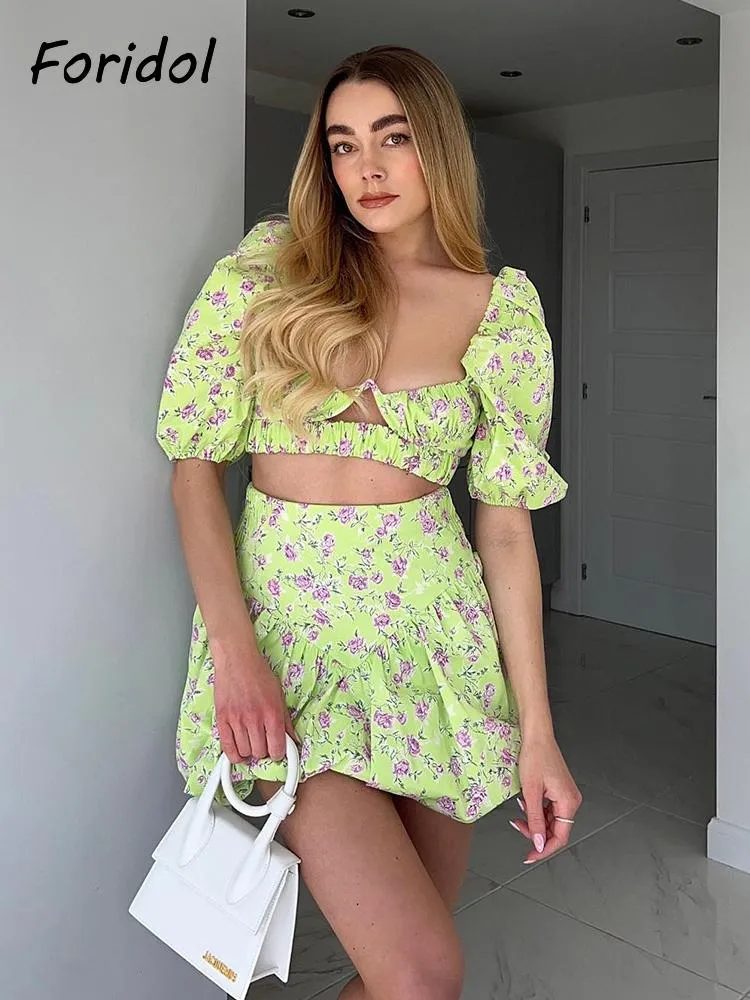 Klänning Fashion French Style Pink Flower Green Corset Dress Set Mini Summer Vintage Women Puff Sleeve Dress Sexig Short Dress Beach