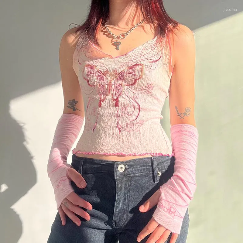 Canotte da donna Auyiufar Farfalla Stampa Y2k Fata Carino Crop Top Pastello Gotico Rosa Canotte con lacci Scollo a V Donna Ragazza morbida a coste